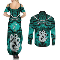 Personalised Maori Matariki Manaia Turquoise Couples Matching Summer Maxi Dress and Long Sleeve Button Shirt Maori Kowhaiwhai Pattern Galaxy LT01 - Polynesian Pride