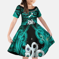 Personalised Maori Matariki Manaia Turquoise Family Matching Tank Maxi Dress and Hawaiian Shirt Maori Kowhaiwhai Pattern Galaxy LT01 Daughter's Dress Turquoise - Polynesian Pride