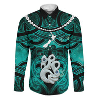 Personalised Maori Matariki Manaia Turquoise Family Matching Tank Maxi Dress and Hawaiian Shirt Maori Kowhaiwhai Pattern Galaxy LT01 Dad's Shirt - Long Sleeve Turquoise - Polynesian Pride