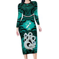Personalised Maori Matariki Manaia Turquoise Long Sleeve Bodycon Dress Maori Kowhaiwhai Pattern Galaxy LT01 Long Dress Turquoise - Polynesian Pride