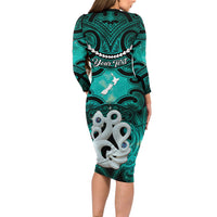 Personalised Maori Matariki Manaia Turquoise Long Sleeve Bodycon Dress Maori Kowhaiwhai Pattern Galaxy LT01 - Polynesian Pride