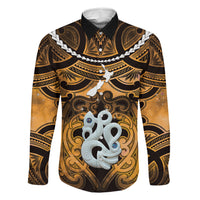 Personalised Maori Matariki Manaia Kowhai Family Matching Puletasi and Hawaiian Shirt Maori Kowhaiwhai Pattern Galaxy LT01 Dad's Shirt - Long Sleeve Yellow - Polynesian Pride