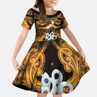 Personalised Maori Matariki Manaia Kowhai Family Matching Tank Maxi Dress and Hawaiian Shirt Maori Kowhaiwhai Pattern Galaxy LT01 Daughter's Dress Yellow - Polynesian Pride