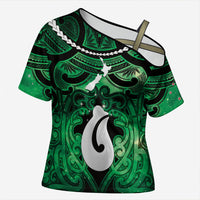 Personalised Maori Matariki Hei Matau Kakariki Cross Shoulder Shirt Maori Kowhaiwhai Pattern Galaxy LT01 Female Green - Polynesian Pride