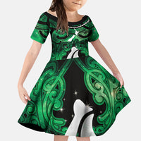 Personalised Maori Matariki Hei Matau Kakariki Family Matching Off The Shoulder Long Sleeve Dress and Hawaiian Shirt Maori Kowhaiwhai Pattern Galaxy LT01 Daughter's Dress Green - Polynesian Pride