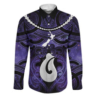 Personalised Maori Matariki Hei Matau Waiporoporo Family Matching Mermaid Dress and Hawaiian Shirt Maori Kowhaiwhai Pattern Galaxy LT01 Dad's Shirt - Long Sleeve Purple - Polynesian Pride