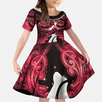 Personalised Maori Matariki Hei Matau Whero Family Matching Off Shoulder Short Dress and Hawaiian Shirt Maori Kowhaiwhai Pattern Galaxy LT01 Daughter's Dress Red - Polynesian Pride