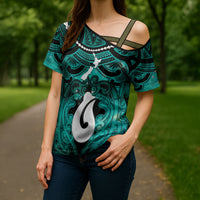 Personalised Maori Matariki Hei Matau Turquoise Cross Shoulder Shirt Maori Kowhaiwhai Pattern Galaxy LT01 - Polynesian Pride