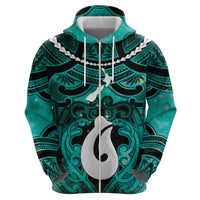 Personalised Maori Matariki Hei Matau Turquoise Zip Hoodie Maori Kowhaiwhai Pattern Galaxy LT01 - Polynesian Pride