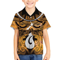 Personalised Maori Matariki Hei Matau Kowhai Family Matching Long Sleeve Bodycon Dress and Hawaiian Shirt Maori Kowhaiwhai Pattern Galaxy LT01 Son's Shirt Yellow - Polynesian Pride