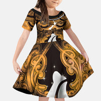 Personalised Maori Matariki Hei Matau Kowhai Family Matching Short Sleeve Bodycon Dress and Hawaiian Shirt Maori Kowhaiwhai Pattern Galaxy LT01 Daughter's Dress Yellow - Polynesian Pride