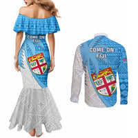 Fiji Rugby Couples Matching Mermaid Dress and Long Sleeve Button Shirts Come On Fijian Tapa Pattern LT01 - Polynesian Pride