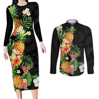 Hawaii Pineapple Tropical Couples Matching Long Sleeve Bodycon Dress and Long Sleeve Button Shirt Colorful Hibiscus Plumeria