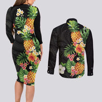 Hawaii Pineapple Tropical Couples Matching Long Sleeve Bodycon Dress and Long Sleeve Button Shirt Colorful Hibiscus Plumeria
