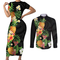 Hawaii Pineapple Tropical Couples Matching Short Sleeve Bodycon Dress and Long Sleeve Button Shirt Colorful Hibiscus Plumeria LT01 Black - Polynesian Pride