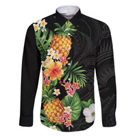 Hawaii Pineapple Tropical Family Matching Short Sleeve Bodycon Dress and Hawaiian Shirt Colorful Hibiscus Plumeria LT01 Dad's Shirt - Long Sleeve Black - Polynesian Pride