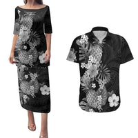 Hawaii Pineapple Tropical Couples Matching Puletasi and Hawaiian Shirt Neutral Hibiscus Plumeria LT01 Black - Polynesian Pride