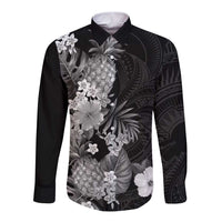 Hawaii Pineapple Tropical Long Sleeve Button Shirt Neutral Hibiscus Plumeria LT01 Unisex Black - Polynesian Pride