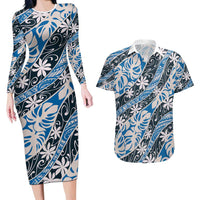 Ninamu Tahiti Tiare Monstera Couples Matching Long Sleeve Bodycon Dress and Hawaiian Shirt Polynesian Pattern Curve Style LT01 Blue - Polynesian Pride