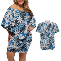 Ninamu Tahiti Tiare Monstera Couples Matching Off Shoulder Short Dress and Hawaiian Shirt Polynesian Pattern Curve Style - Polynesian Pride