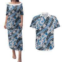 Ninamu Tahiti Tiare Monstera Couples Matching Puletasi and Hawaiian Shirt Polynesian Pattern Curve Style LT01 Blue - Polynesian Pride