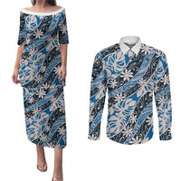 Ninamu Tahiti Tiare Monstera Couples Matching Puletasi and Long Sleeve Button Shirt Polynesian Pattern Curve Style LT01 Blue - Polynesian Pride