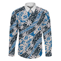 Ninamu Tahiti Tiare Monstera Family Matching Long Sleeve Bodycon Dress and Hawaiian Shirt Polynesian Pattern Curve Style LT01 Dad's Shirt - Long Sleeve Blue - Polynesian Pride