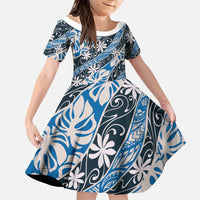 Ninamu Tahiti Tiare Monstera Family Matching Off Shoulder Short Dress and Hawaiian Shirt Polynesian Pattern Curve Style LT01 Daughter's Dress Blue - Polynesian Pride