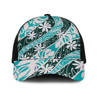 Cyan Tahiti Tiare Monstera Baseball Net Cap Polynesian Pattern Curve Style - Polynesian Pride