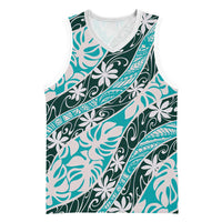 Cyan Tahiti Tiare Monstera Basketball Jersey Polynesian Pattern Curve Style - Polynesian Pride