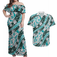 Cyan Tahiti Tiare Monstera Couples Matching Off Shoulder Maxi Dress and Hawaiian Shirt Polynesian Pattern Curve Style - Polynesian Pride
