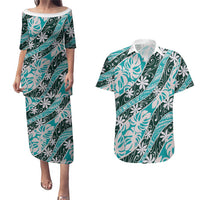 Cyan Tahiti Tiare Monstera Couples Matching Puletasi and Hawaiian Shirt Polynesian Pattern Curve Style LT01 Cyan - Polynesian Pride