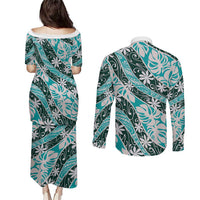 Cyan Tahiti Tiare Monstera Couples Matching Puletasi and Long Sleeve Button Shirt Polynesian Pattern Curve Style LT01 - Polynesian Pride