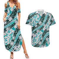 Cyan Tahiti Tiare Monstera Couples Matching Summer Maxi Dress and Hawaiian Shirt Polynesian Pattern Curve Style - Polynesian Pride