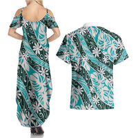 Cyan Tahiti Tiare Monstera Couples Matching Summer Maxi Dress and Hawaiian Shirt Polynesian Pattern Curve Style - Polynesian Pride
