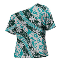 Cyan Tahiti Tiare Monstera Cross Shoulder Shirt Polynesian Pattern Curve Style - Polynesian Pride