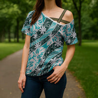 Cyan Tahiti Tiare Monstera Cross Shoulder Shirt Polynesian Pattern Curve Style - Polynesian Pride