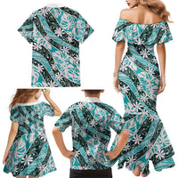 Cyan Tahiti Tiare Monstera Family Matching Mermaid Dress and Hawaiian Shirt Polynesian Pattern Curve Style - Polynesian Pride