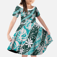 Cyan Tahiti Tiare Monstera Family Matching Off Shoulder Maxi Dress and Hawaiian Shirt Polynesian Pattern Curve Style LT01 Daughter's Dress Cyan - Polynesian Pride