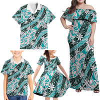 Cyan Tahiti Tiare Monstera Family Matching Off Shoulder Maxi Dress and Hawaiian Shirt Polynesian Pattern Curve Style - Polynesian Pride