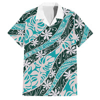 Cyan Tahiti Tiare Monstera Family Matching Off Shoulder Maxi Dress and Hawaiian Shirt Polynesian Pattern Curve Style LT01 Dad's Shirt - Short Sleeve Cyan - Polynesian Pride