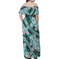 Cyan Tahiti Tiare Monstera Family Matching Off Shoulder Maxi Dress and Hawaiian Shirt Polynesian Pattern Curve Style - Polynesian Pride