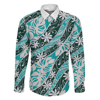 Cyan Tahiti Tiare Monstera Family Matching Off Shoulder Short Dress and Hawaiian Shirt Polynesian Pattern Curve Style LT01 Dad's Shirt - Long Sleeve Cyan - Polynesian Pride