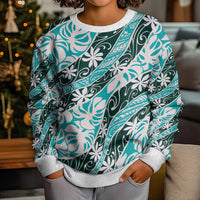 Cyan Tahiti Tiare Monstera Kid Ugly Christmas Sweater Polynesian Pattern Curve Style - Polynesian Pride