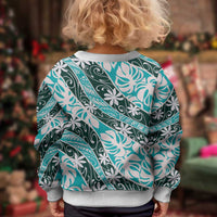 Cyan Tahiti Tiare Monstera Kid Ugly Christmas Sweater Polynesian Pattern Curve Style - Polynesian Pride