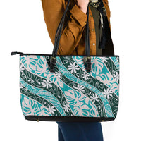 Cyan Tahiti Tiare Monstera Leather Tote Bag Polynesian Pattern Curve Style - Polynesian Pride