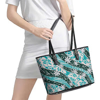 Cyan Tahiti Tiare Monstera Leather Tote Bag Polynesian Pattern Curve Style - Polynesian Pride