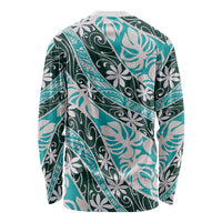 Cyan Tahiti Tiare Monstera Long Sleeve Shirt Polynesian Pattern Curve Style - Polynesian Pride
