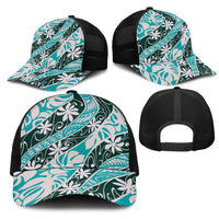 Cyan Tahiti Tiare Monstera Mesh Trucker Cap Polynesian Pattern Curve Style LT01 - Polynesian Pride