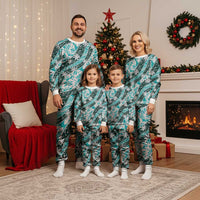 Cyan Tahiti Tiare Monstera Christmas Pajama Set Polynesian Pattern Curve Style - Polynesian Pride